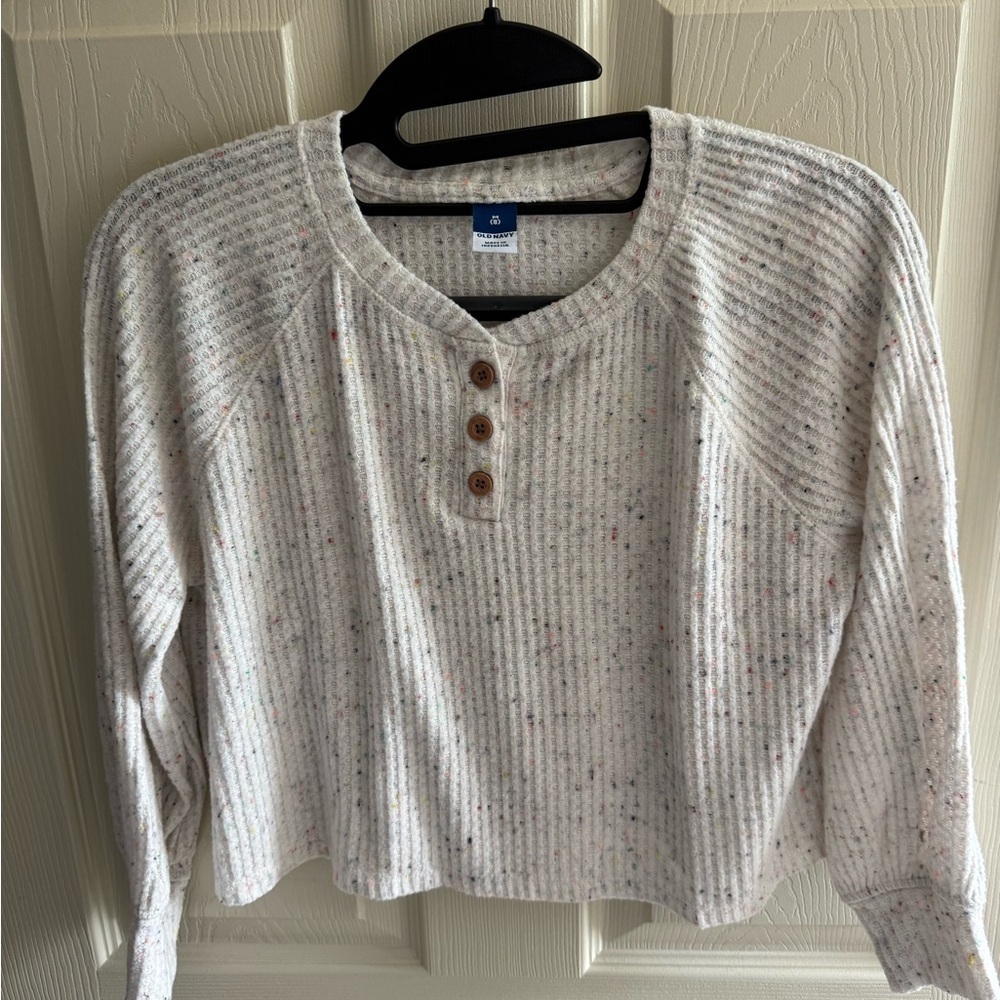 Old Navy Ribbed Long Sleeve Henley - Speckled White - Picture 1 of 2